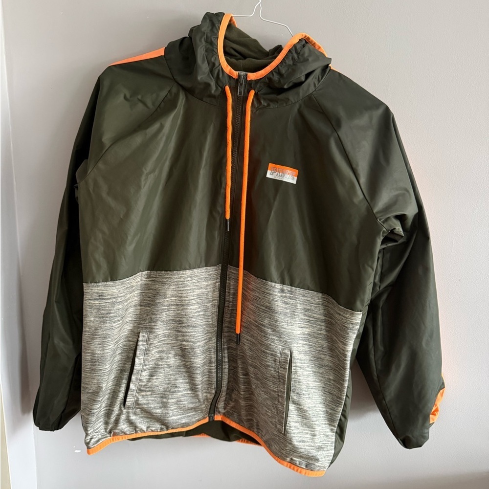 PINK Victoria’s Secret Hooded Windbreaker Jacket Green Orange Logo Size M/L